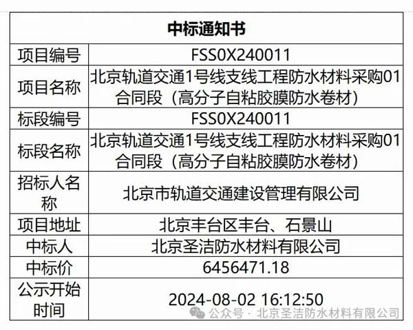 圣潔防水中標北京軌道交通1號線支線工程